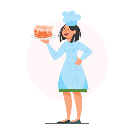 Chef mujer sosteniendo pastel  Ilustración