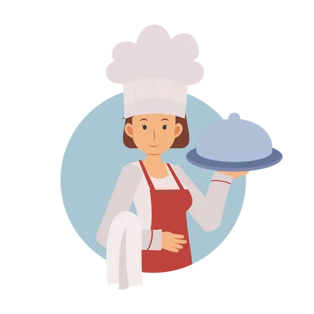 Chef Femenina Sirviendo Logotipo De Comida Personaje De Dibujos Animados De Vector Plano Ilustración