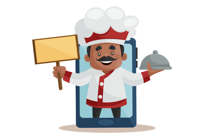 Chef sosteniendo tablero y receta en pantalla móvil como concepto de pedido en línea  Ilustración