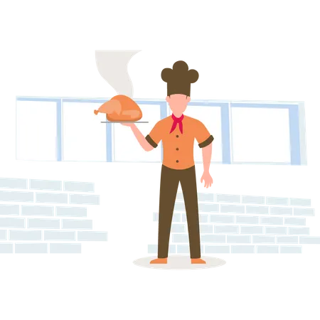 Chef standing with chicken tray  Illustration