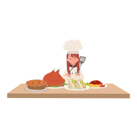 Cute Young Confident Chef Surrounded By Gourmet Dishes Illustration