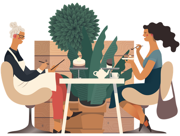 Chef Taking review of cake from customer  Illustration