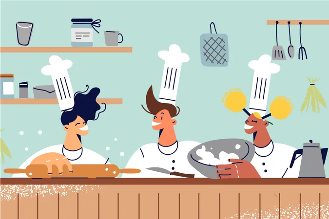 Küchenchef-Team bereitet Essen zu  Illustration
