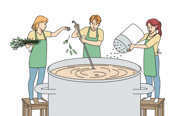 Chef team cooking in huge pot  Illustration