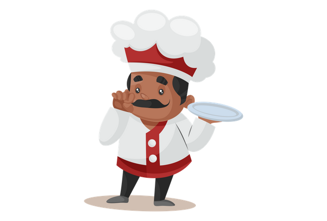 Chef tournant sa moustache tout en tenant une assiette vide  Illustration