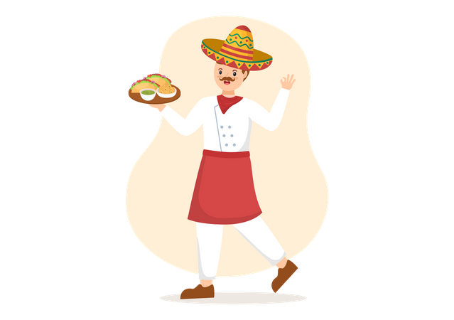 Chef tradicional mexicano con tacos  Ilustración