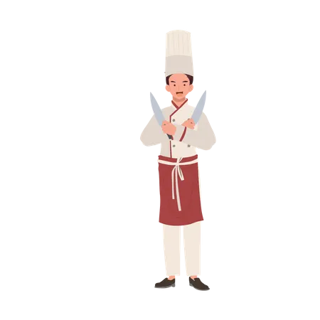 Chef vistiendo uniforme de brazos cruzados con cuchillo  Ilustración