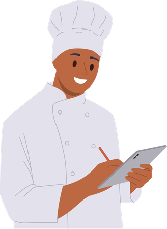 Chef usando tablet móvel para verificar pedidos on-line, compartilhando tutorial em vídeo para blog  Ilustração