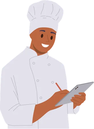 Chef usando tablet móvel para verificar pedidos on-line, compartilhando tutorial em vídeo para blog  Ilustração