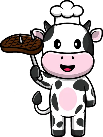Chef vaca grelhada carne  Ilustração