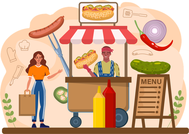 Chef vendendo hambúrguer na banca do mercado  Illustration