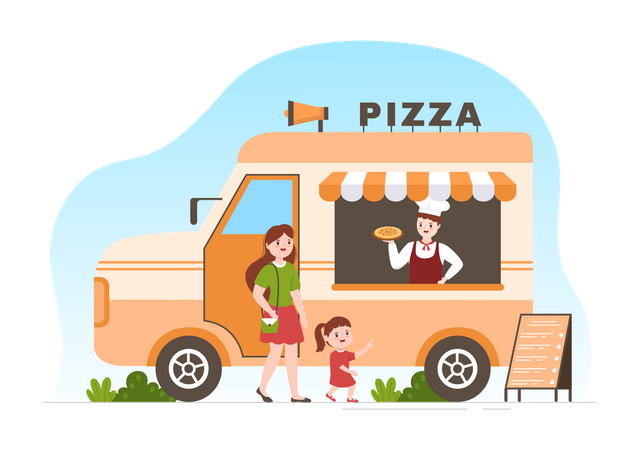 Chef vendiendo pizza en un camión de comida italiana  Ilustración