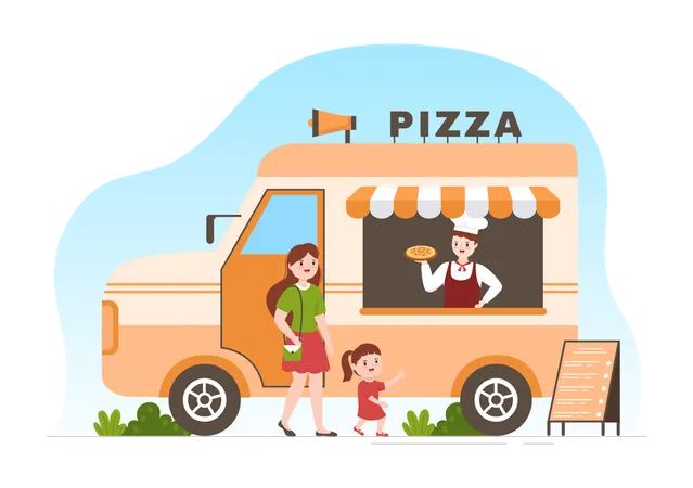 Chef vendiendo pizza en un camión de comida italiana  Ilustración