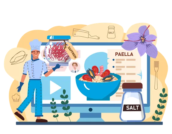 Paella Online Service Or Platform Spanish Traditional Dish With Seafood And Rice Chefs Cooking Healthy Gourmet Cuisine Online Recipe Flat Vector Illustration 일러스트레이션
