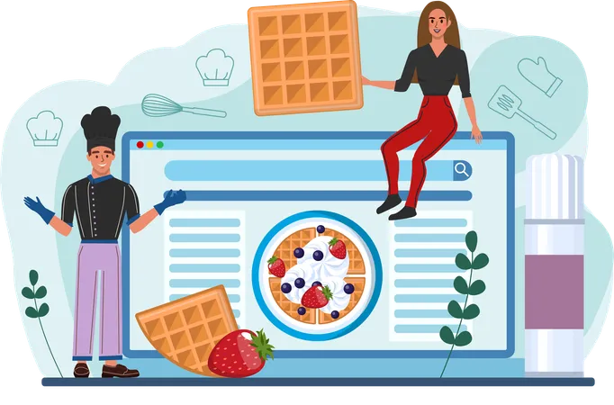 Chef viewing online recipe of waffle  Illustration