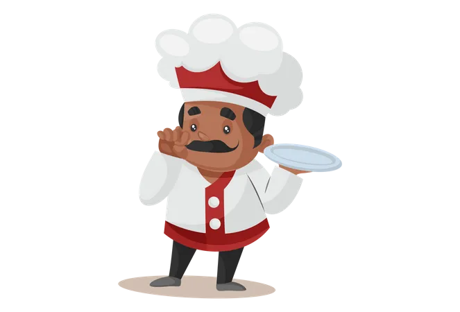 Chef virando o bigode enquanto segura o prato vazio  Ilustração
