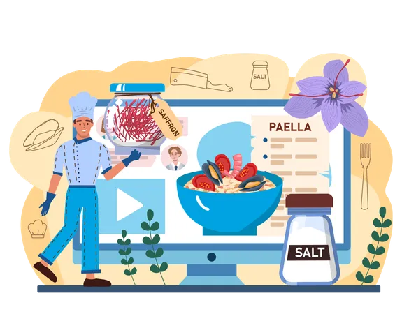 Chef visualizando receita on-line para cozinhar itens de peixe  Ilustração