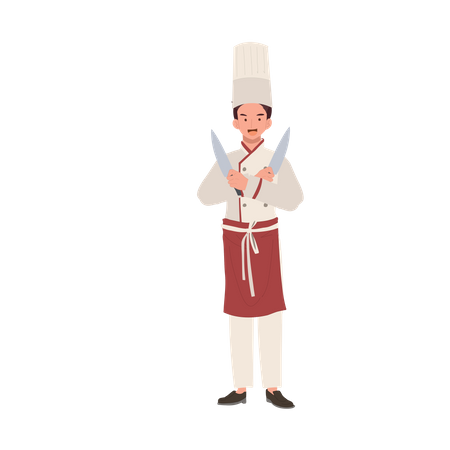 Chef wearing Uniform Crossed Arms with Knife  Illustration