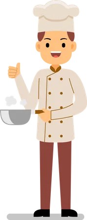 Chef with a frying pan with a done gesture  Illustration