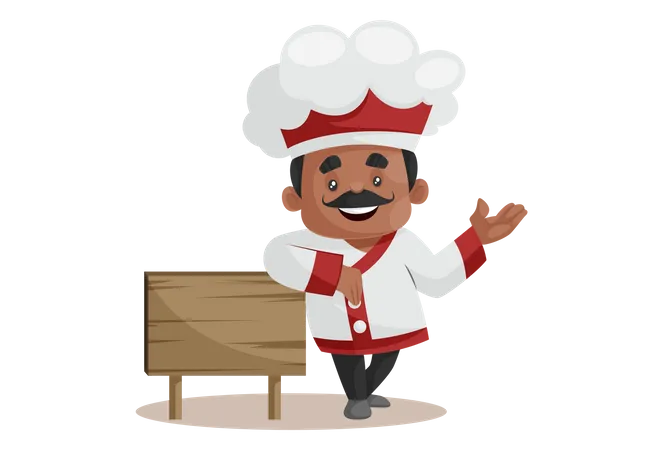 Chef With Empty Wooden Board Welcoming guest  Illustration