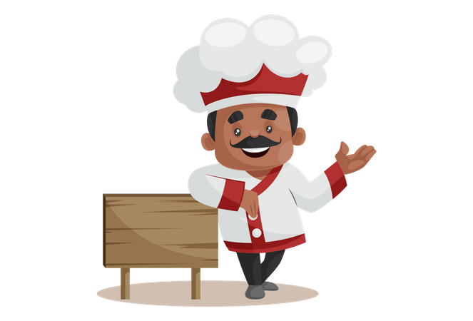Chef With Empty Wooden Board Welcoming guest  Illustration