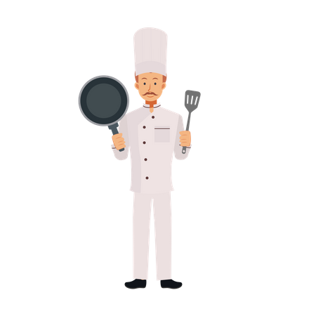 Chef With Frying Pan And Turner  イラスト