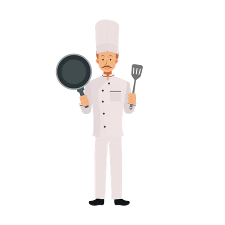 Male Chef With Frying Pan And Turner Flat Vector Cartoon Character Illustration Illustration