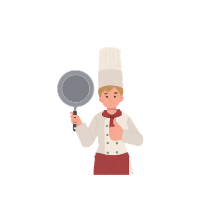 Chef woman holding pan is doing thumb up gesture  Illustration