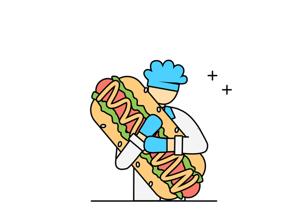 Chef y perrito caliente  Ilustración
