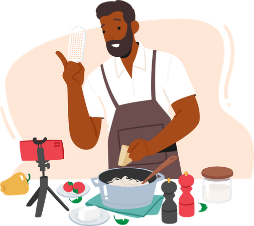Chefe africano transmitindo vídeo de culinária ao vivo  Ilustração