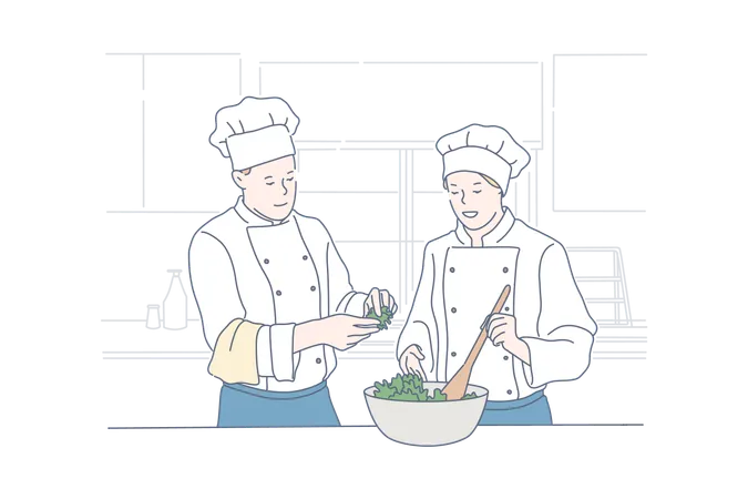 Teamwork Cooking Restaurant Food Concept Young Man And Happy Woman Do Excellent Teamwork At Restaurant Food Like Salad Is Very Healthy Cooking Is Form Of Art And Brings Joy Simple Flat Vector Illustration