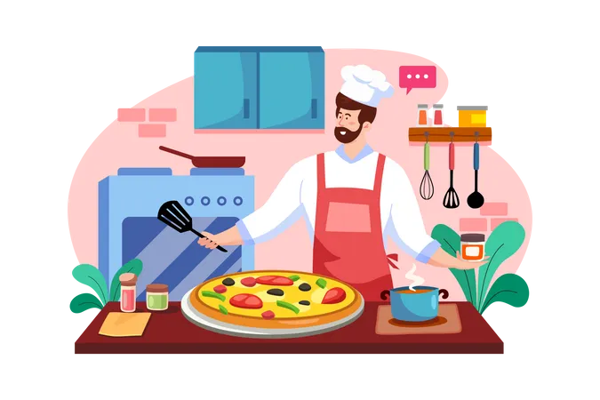 Chefs assando pizza  Ilustração