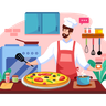 illustrations of pizza shef making pizza