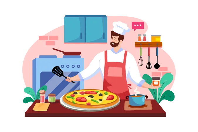 Chefs horneando pizza  Ilustración
