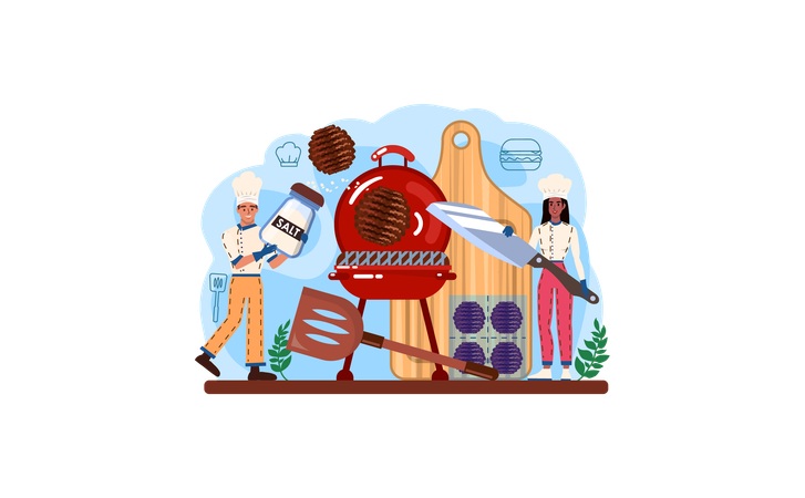 Chefs making cooking on barbeque grill  イラスト