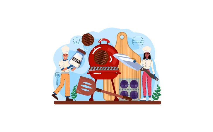 Chefs making cooking on barbeque grill  Illustration