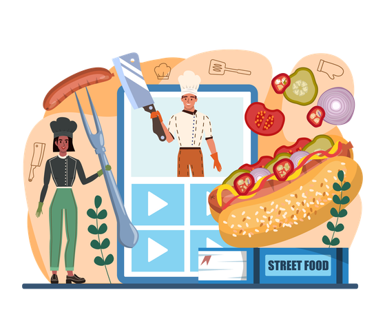 Chefs making online hot dog  Illustration