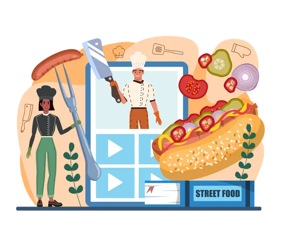 Hot Dog Online Service Or Platform Unhealthy Fast Food Cooking American Snack With Ketchup And Mustard Bun And Sausage Video Blog Flat Vector Illustration 일러스트레이션