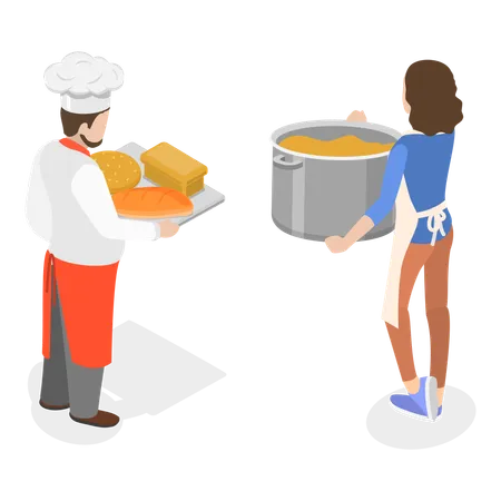 Chefs working in bakery making breads and cakes  Illustration