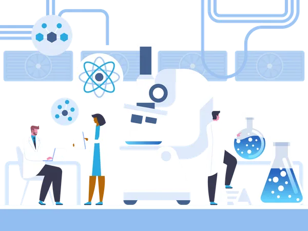 Chemical Lab Study Flat Vector Illustration Scientists Chemists In White Coats Cartoon Characters Atoms Structure Study Laboratory Experiment Chemical Reaction Biochemistry Science Research Illustration