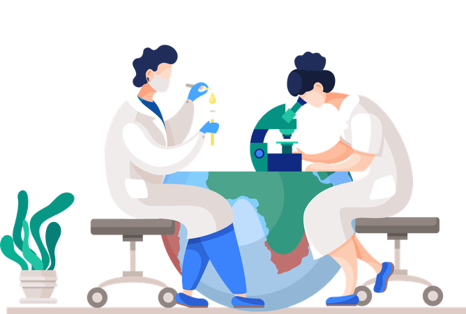 Chemieforscher mit Laborgeräten forschen auf der Erde  Illustration