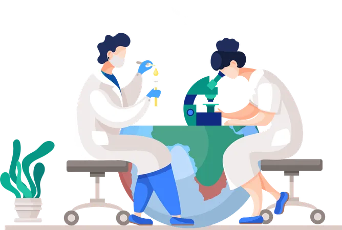 Chemieforscher mit Laborgeräten forschen auf der Erde  Illustration