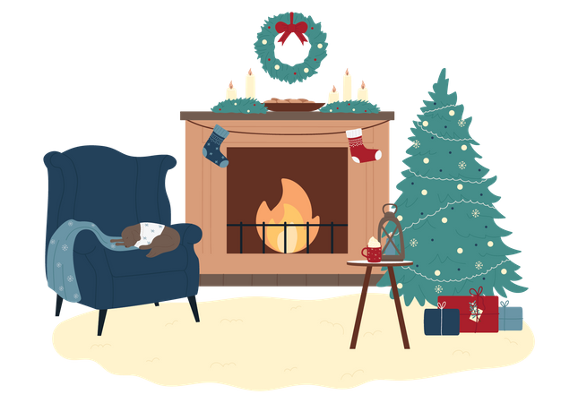 Cheminée de Noël décorée  Illustration