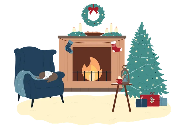 Cheminée de Noël décorée  Illustration