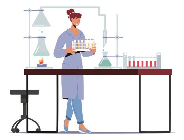 Chemist In Lab Coat Conducting Experiment And Scientific Research In Lab  Illustration