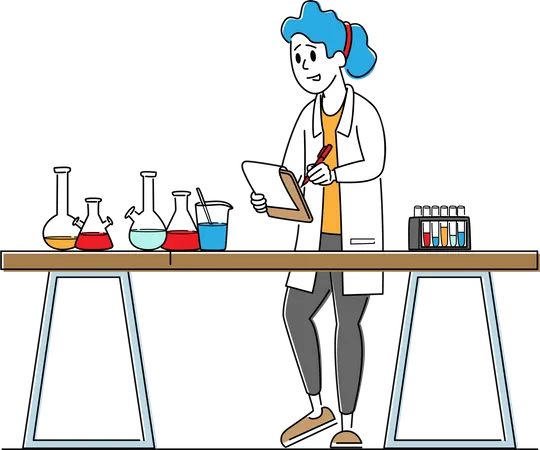 Chemist Scientist Character In White Coat Conduct Experiment In Science Laboratory Woman Writing Results Of Investigation Researcher In Chemical Or Biochemical Lab Linear Vector Illustration Illustration