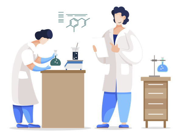 Chemist Student and Professor in Laboratory while doing chemical experiment  Illustration