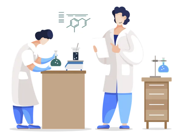 Chemist Student and Professor in Laboratory while doing chemical experiment  Illustration