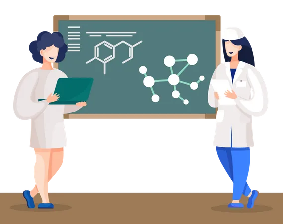 Chemist Students Stand by Blackboard with Molecule Illustration