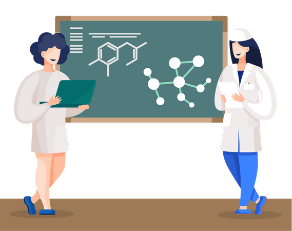 Chemist Students Stand by Blackboard with Molecule  Illustration